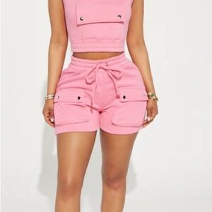 Fashion Nova Pink fleece Cargo two piece set with Drawstring Waist NWOT Size Med